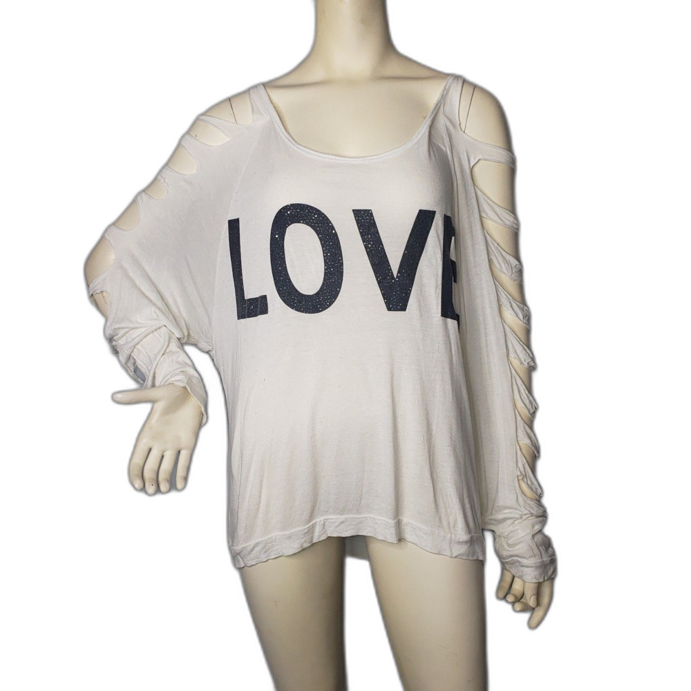 BLUSH White LOVE / HATE Oversized Long Sleeve Cut Out T Shirt Womens Size Large